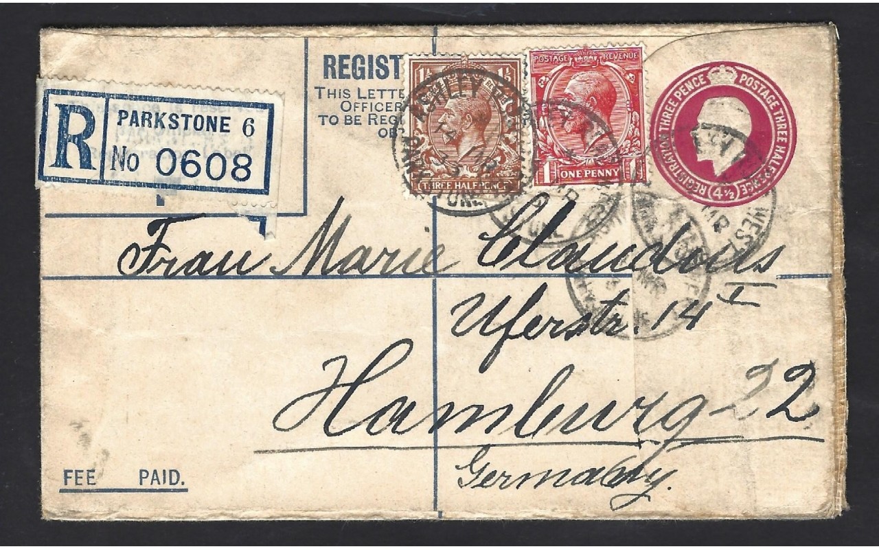 Sobre entero postal certificado Gran Bretaña Gran Bretaña - 1900 a 1930.