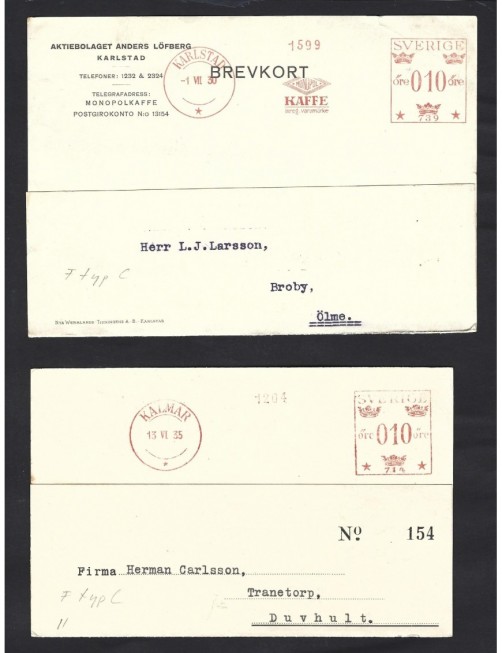 Lote de tarjetas comerciales Suecia franqueo mecánico Otros Europa - 1931 a 1950.