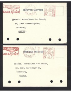 Lote temático. Tema motociclismo. Dos tarjetas comerciales Gran Bretaña Matasellos y franqueos mecánicos.