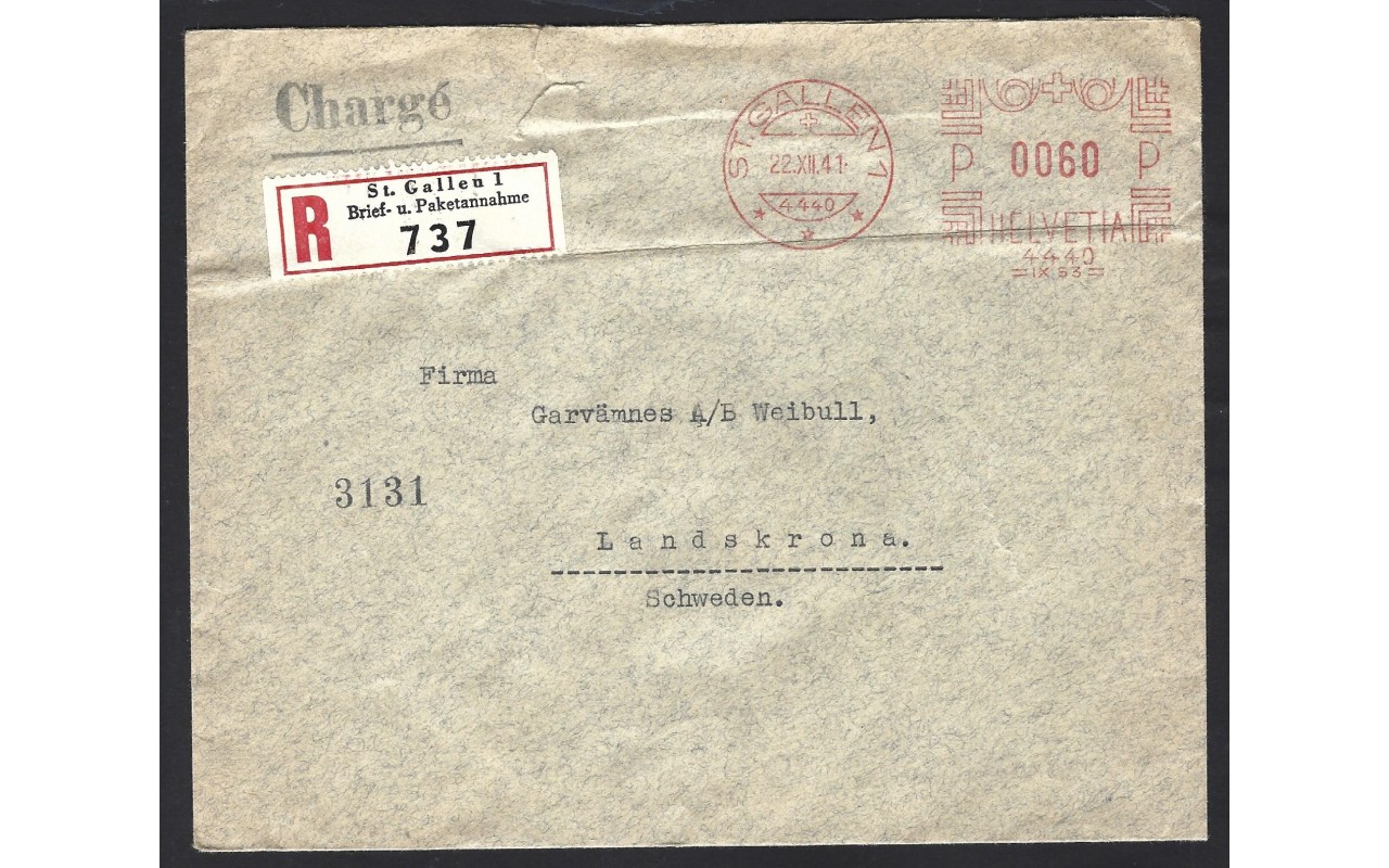 Carta certificada Suiza franqueo mecánico Otros Europa - 1931 a 1950.