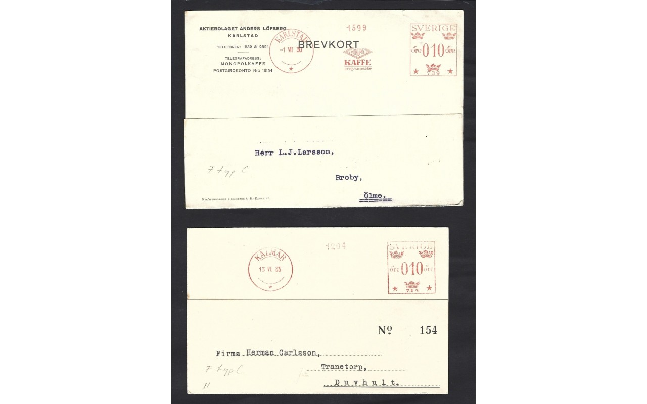 Lote de tarjetas comerciales Suecia franqueo mecánico Otros Europa - 1931 a 1950.