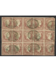 Bloque de 15 sellos España Isabel II mat. Parrilla España - Siglo XIX.