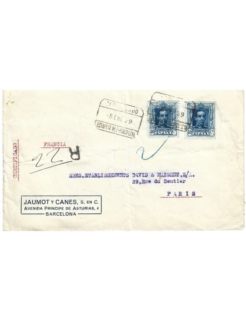 Carta certificada España Alfonso XIII Barcelona España - 1900 a 1930.