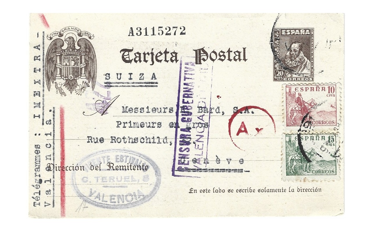 Tarjeta entero postal España doble censura II Guerra Mundial España - 1931 a 1950.