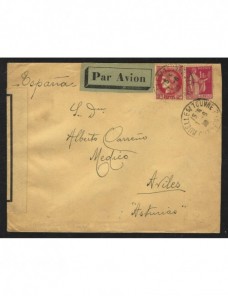 Carta aérea de Francia a Avilés con censura militar de Oviedo Francia - 1931 a 1950.