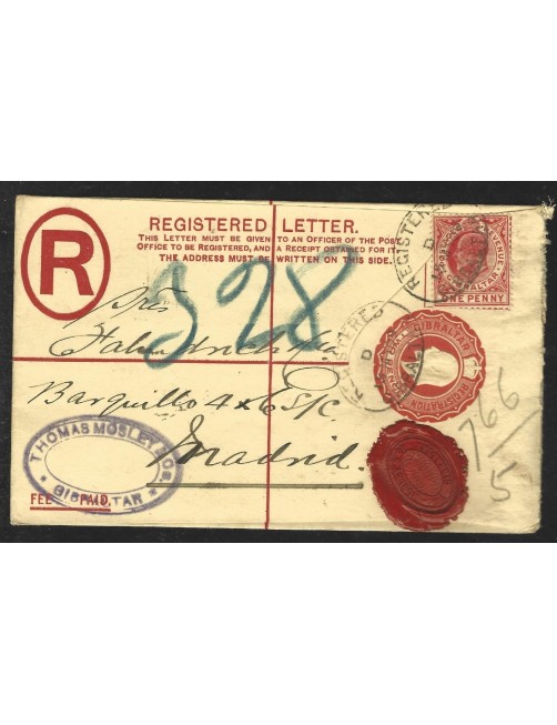 Sobre entero postal certificado Gran Bretaña  Gran Bretaña - 1900 a 1930.