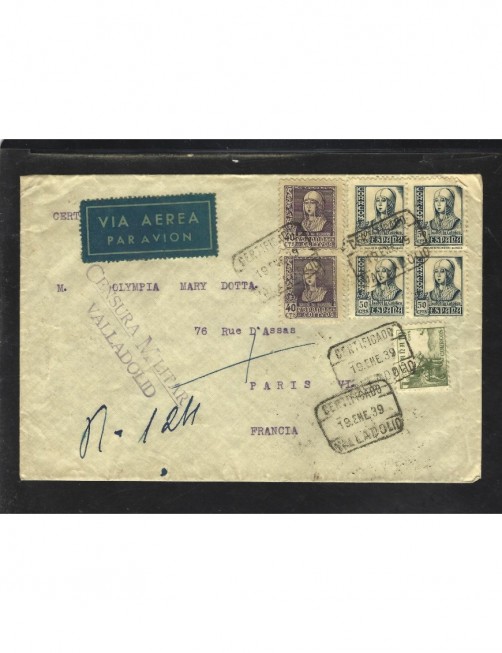 Carta correo aéreo certificado censura militar Valladolid Zona Nacional - Guerra Civil Española. Carta correo aéreo certificado censura militar Valladolid Zona Nacional - Guerra Civil Española.