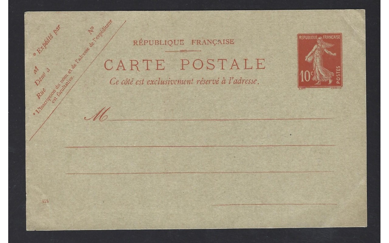 Tarjeta entero postal Francia nueva Francia - 1900 a 1930.