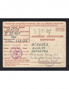 Tarjeta Comité Internacional Cruz Roja prisioneros II G.M. franquicia Prisioneros de guerra - II Guerra Mundial.
