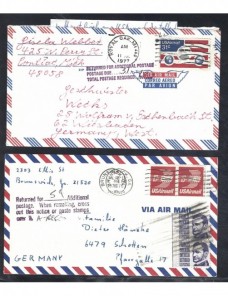 Dos cartas correo aéreo Estados Unidos marca devolución y tasas EEUU - Desde 1950.