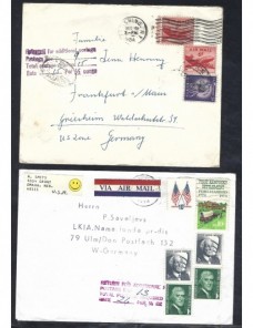 Dos cartas correo aéreo Estados Unidos marca devolución y tasas EEUU - Desde 1950.
