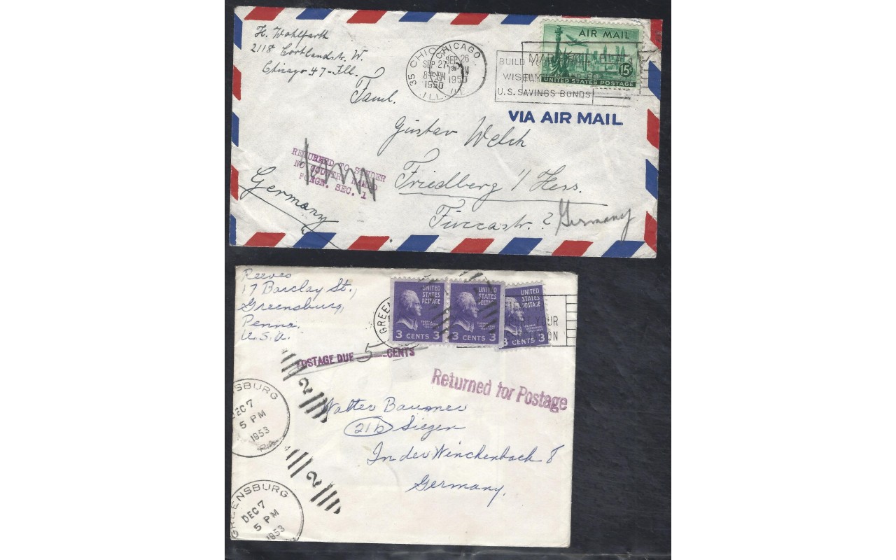 Dos cartas correo aéreo Estados Unidos marcas de devolución EEUU - Desde 1950.