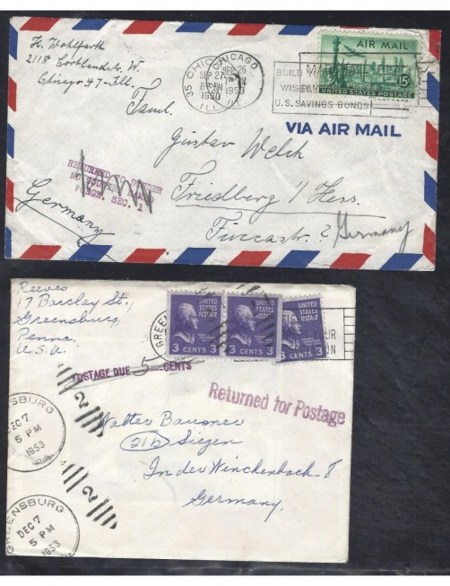 Dos cartas correo aéreo Estados Unidos marcas de devolución EEUU - Desde 1950.