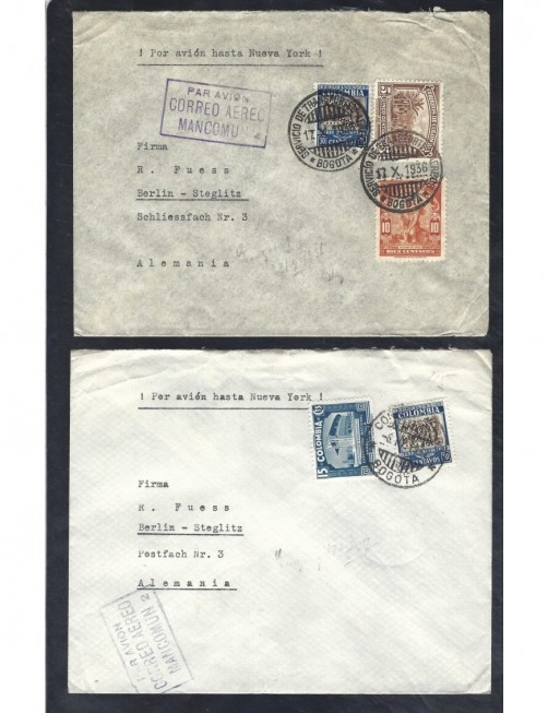 Tres cartas aéreas Colombia correo aéreo mancomún  Otros Mundial - 1931 a 1950.