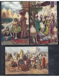 Tres tarjetas postales ilustradas Marruecos escenas populares Otros Mundial - 1900 a 1930.