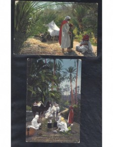 Dos tarjetas postales ilustradas Marruecos escenas oasis Otros Mundial - 1900 a 1930.