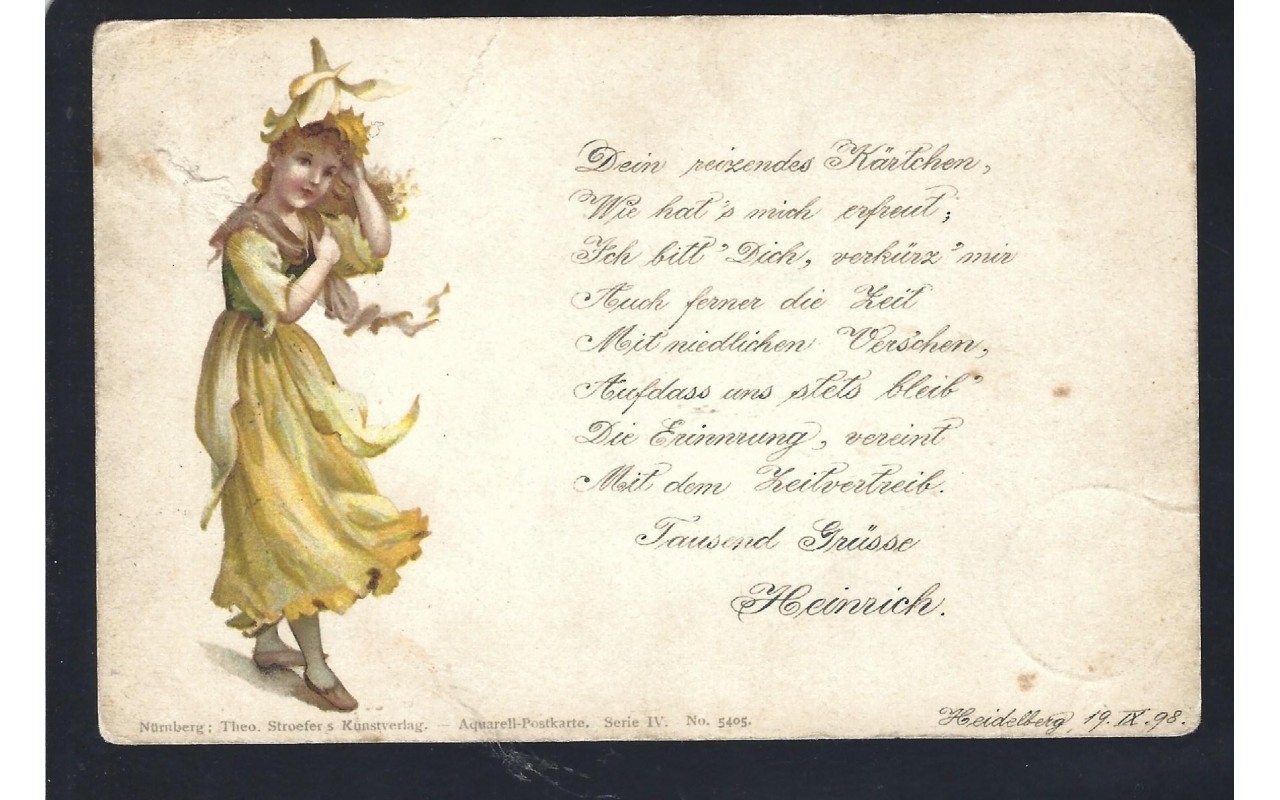 Tarjeta postal ilustrada de Alemania con poesía Alemania - Siglo XIX.