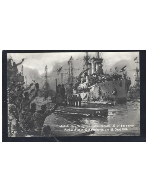 Tarjeta postal ilustrada Alemania I Guerra Mundial submarino U-9 Imperios Centrales - I Guerra Mundial. Tarjeta postal ilustrada Alemania I Guerra Mundial submarino U-9 Imperios Centrales - I Guerra Mundial.