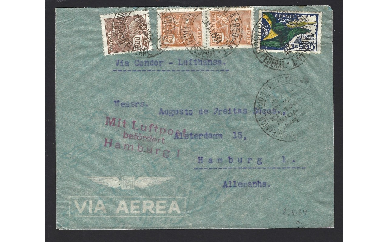 Carta correo aéreo Brasil línea Condor Zeppelin Otros Mundial - 1931 a 1950.