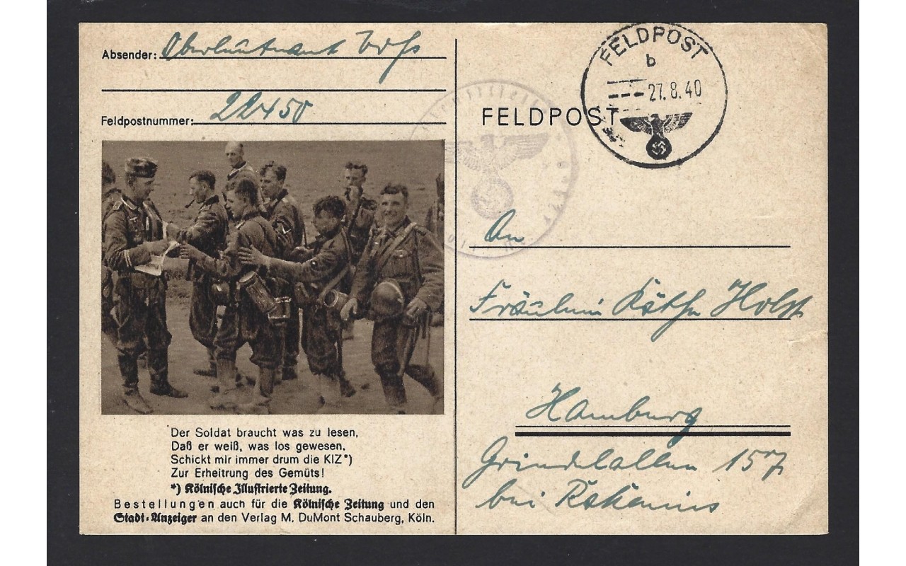 Tarjeta postal ilustrada Alemania correo de campaña  II Guerra Mundial Potencias del eje - II Guerra Mundial.