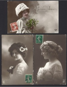 Lote de 3 tarjetas postales ilustradas Francia retratos de señoritas Francia - 1900 a 1930.