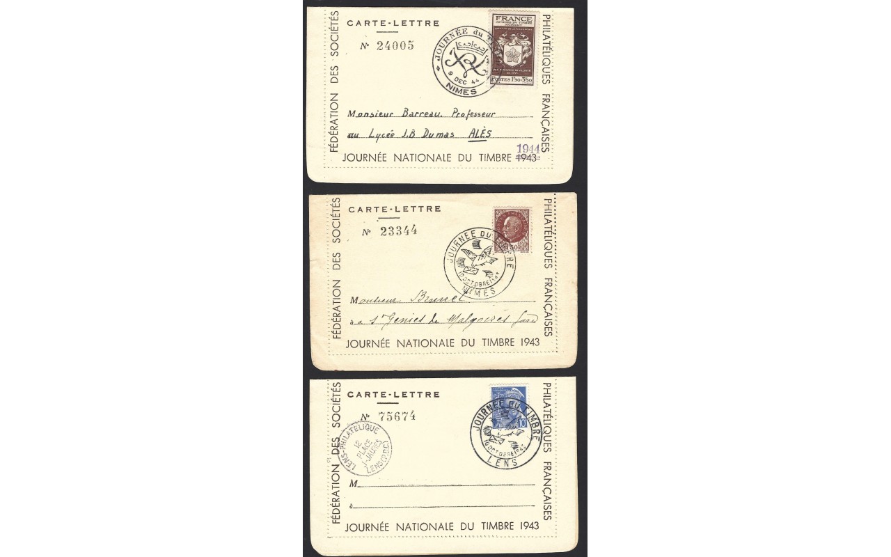 Tres tarjetas carta Francia recuerdo Día del Sello 1943 y 1944 Francia - 1931 a 1950.