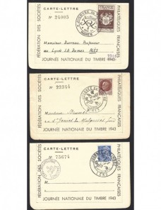 Tres tarjetas carta Francia recuerdo Día del Sello 1943 y 1944 Francia - 1931 a 1950.